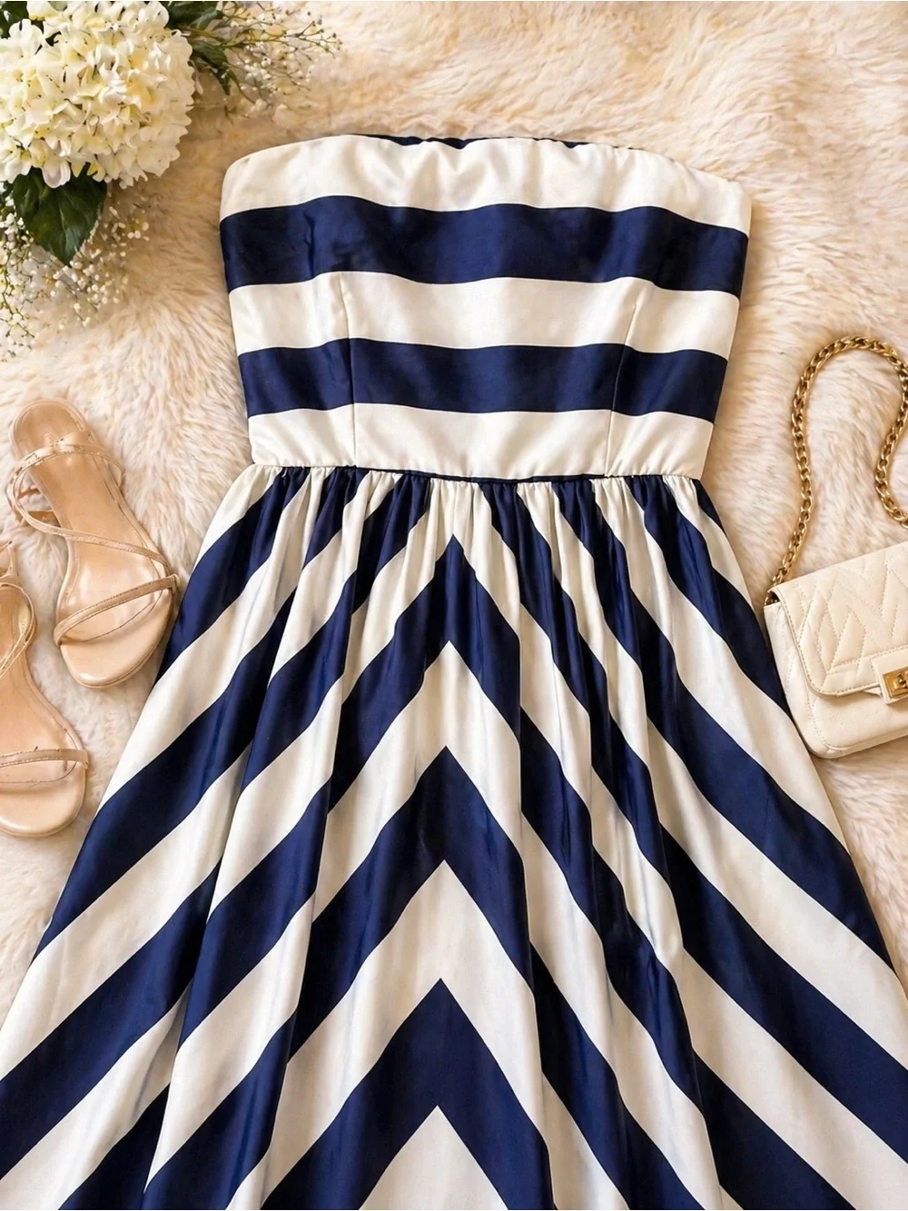 Lulus Navy White Stripe Strapless Maxi Dress XS Coastal Nautical - Picture 3 of 5